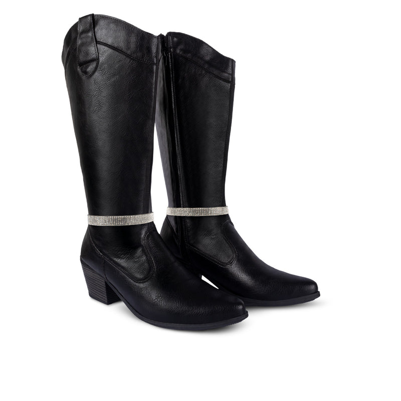 Bota Texana Cinta Com Strass Cano Alto Liso